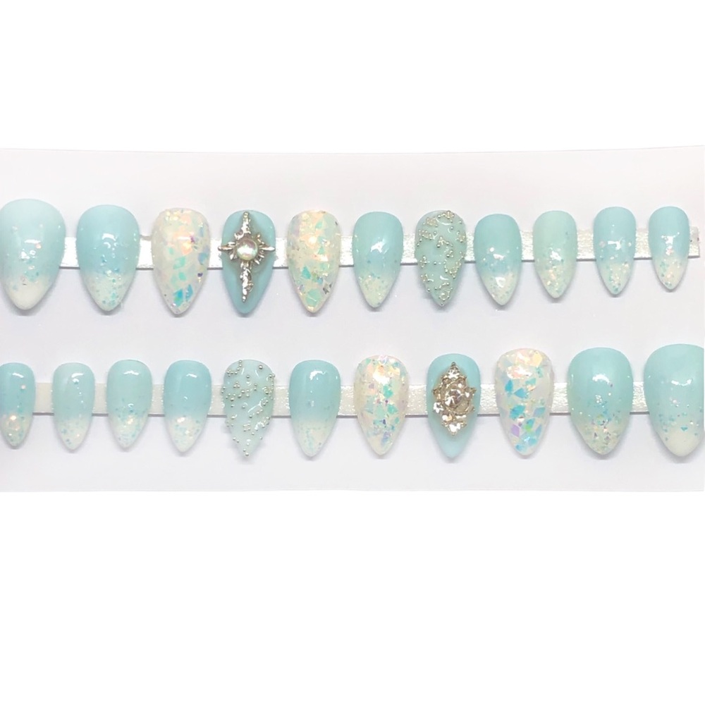 *SOLD* Handmade Custom Press On Nails Short Almond Shape Baby Blue French Tip - Picture 6 of 10